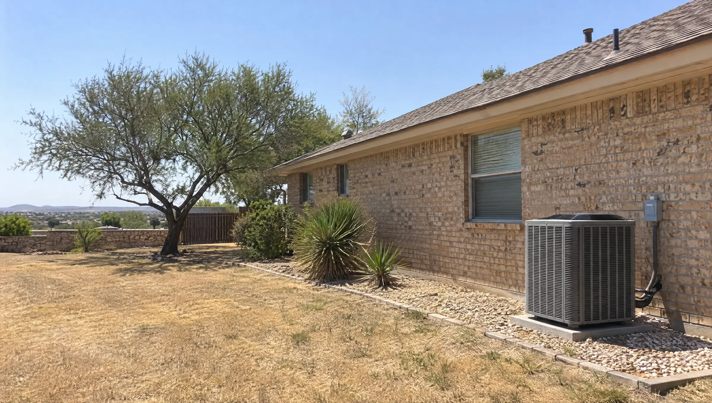 A tan brick ranch house in San Angelo with its AC condenser on a concrete pad in the summer sun