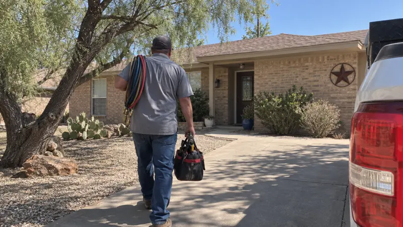 A technician walking up a driveway to a brick ranch house with his tool bag