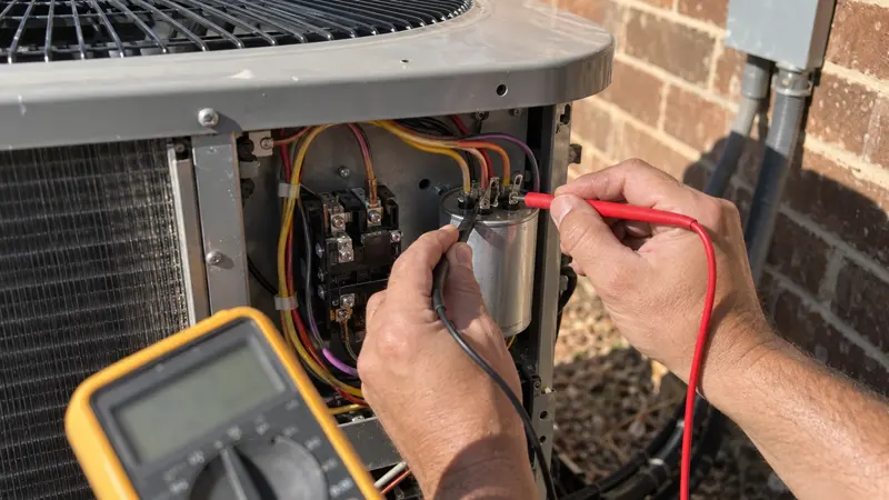 Hands testing the capacitor inside an outdoor AC unit with meter probes