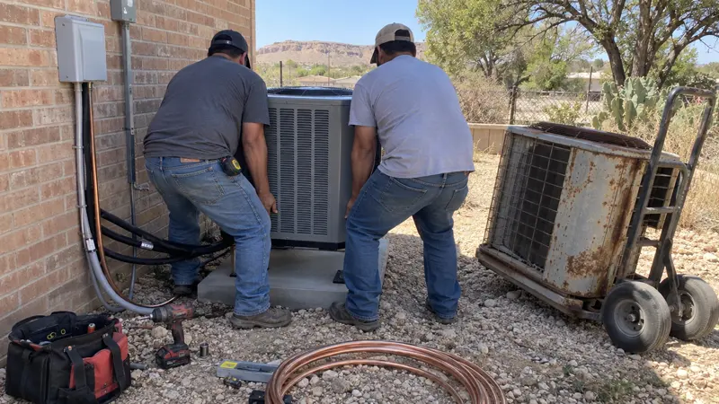 Two installers setting a new AC condenser on a fresh concrete pad