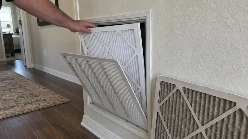 A hand sliding a clean pleated filter into a return-air grille
